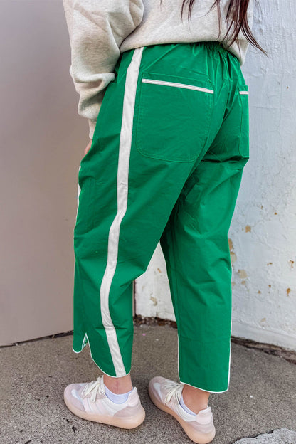 Bright Green Contrast Striped Smocked Waist Drawstring Cropped Casual Pants