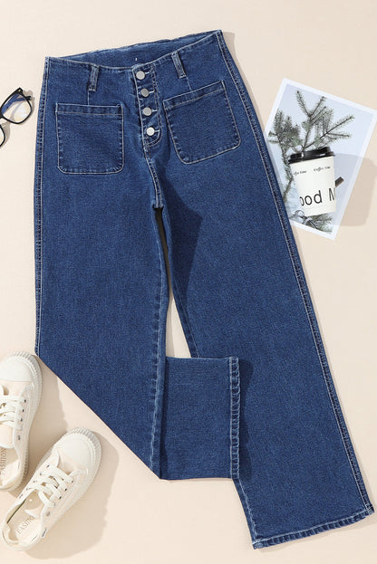 Sail Blue High Waist Button Front Wide Leg Cropped Jeans