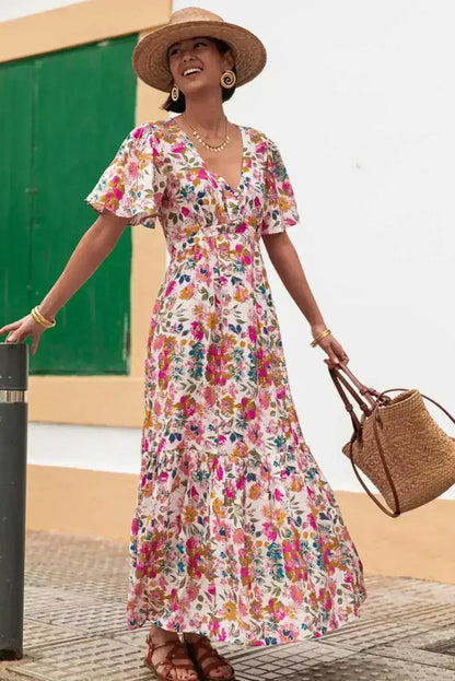 Red Floral Short Sleeve V Neck High Waist Maxi Dress