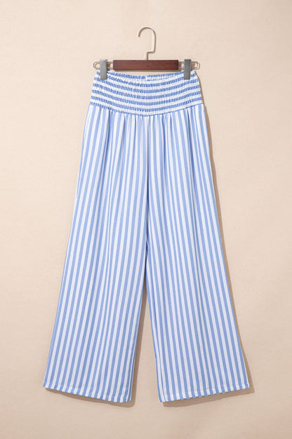 Sky Blue Stripe Shirred High Waist Loose Summer Pants