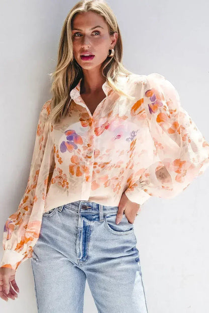 White Balloon Sleeve Floral Shirt - Loose Fit Blouse | Femstylo
