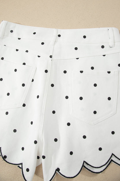 White Polka Dot Print Embroidered Scallop Hem Shorts