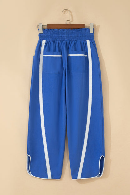 Dark Blue Contrast Striped Smocked Waist Drawstring Cropped Casual Pants