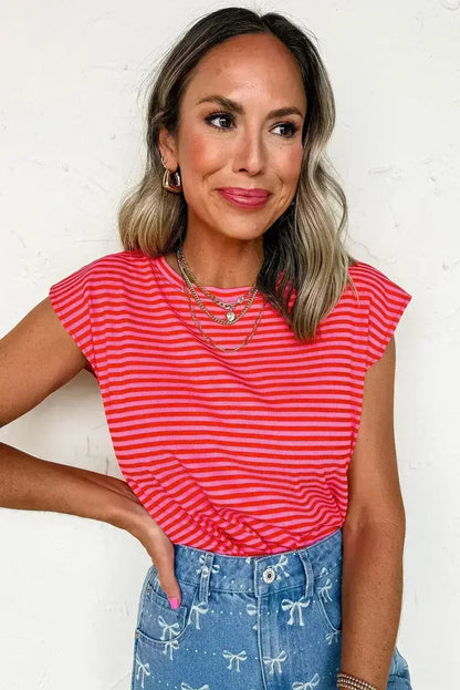 Black Stripe Ribbed Cap Sleeve Round Neck T Shirt