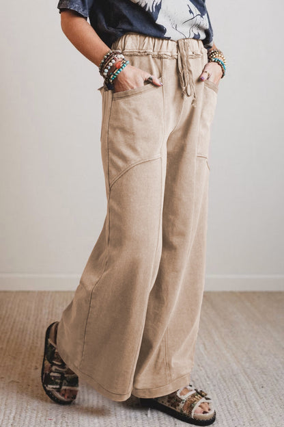 Smoke Gray Mineral Wash Drawstring Retro High Waist Wide Leg Western Pants