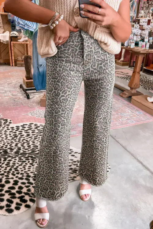 Brown Leopard High Waist Frayed Hem Jeans
