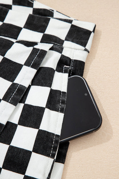 Black Checkered Print Overlap Denim Shorts