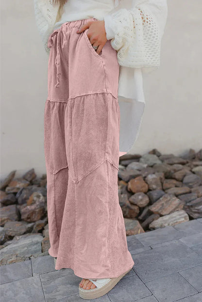Mineral Wash Tiered Wide Leg Patchwork Drawstring Pants