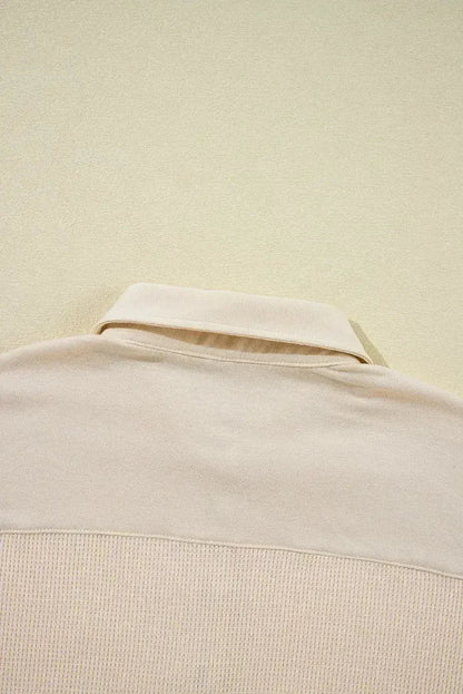 Pink Waffle Long Sleeve Collared Half Button Relaxed Fit Top