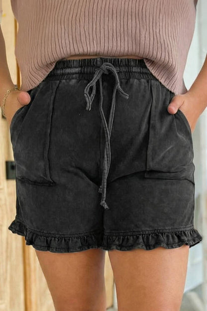 Black Mineral Wash Elastic Waist Drawstring Ruffle Hem Plus Shorts
