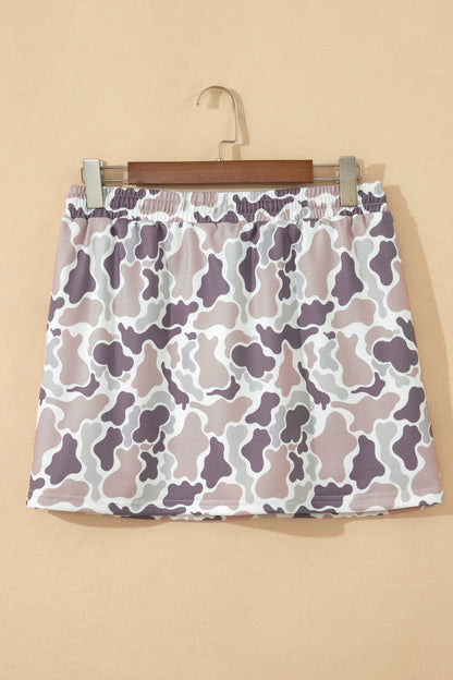 Khaki Abstract Camo Elastic Waist Drawstring Mini Skort