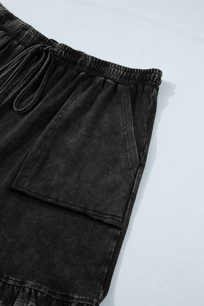 Black Mineral Wash Elastic Waist Drawstring Ruffle Hem Plus Shorts