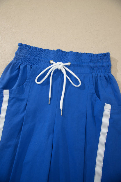 Dark Blue Contrast Striped Smocked Waist Drawstring Cropped Casual Pants