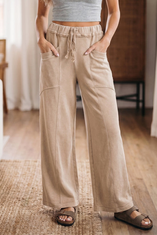 Smoke Gray Mineral Wash Drawstring Retro High Waist Wide Leg Western Pants