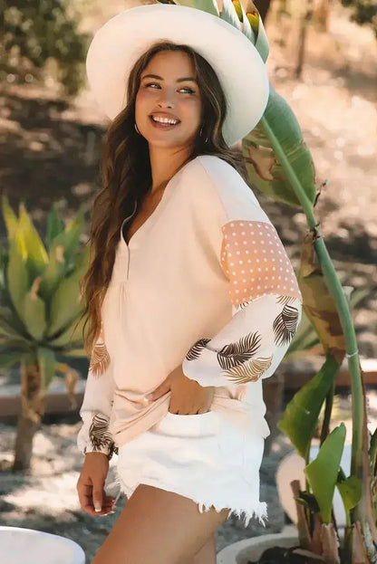 Puff Sleeve Patchwork Blouse - Tropical Print Top | Femstylo