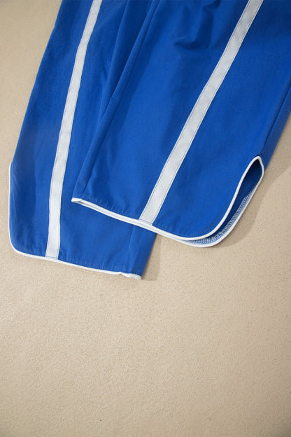 Dark Blue Contrast Striped Smocked Waist Drawstring Cropped Casual Pants