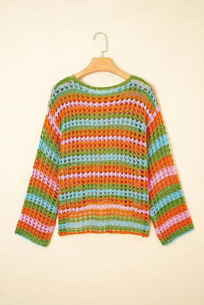 Purple Striped Hollow Knit Summer Beach Cover Up