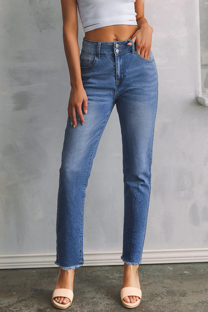Sky Blue Double Button Raw Hem Slim Fit Jeans