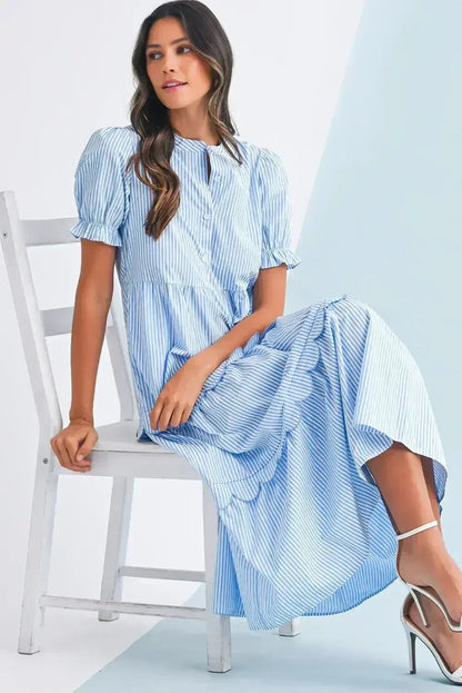 Sky Blue Stripe Bubble Sleeve Scallop Tiered Dress