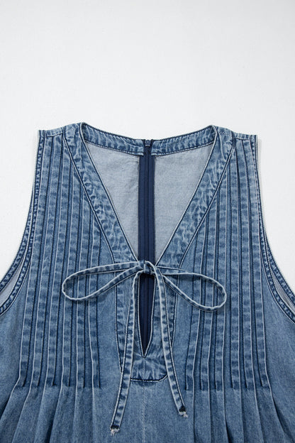 Dusk Blue Acid Wash Pintuck Tie V Neck Denim Wide Leg Jumpsuit