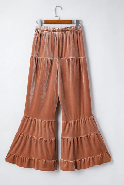 Straw Yellow Mineral Wash Lace-up High Waist Tiered Flared Pants