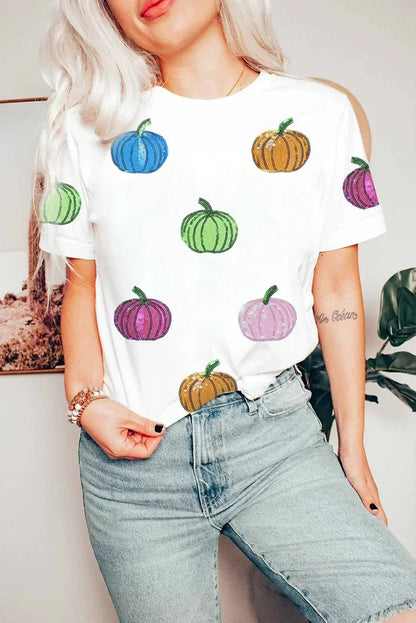 White Sequin Pumpkin Patched Cotton Blend T Shirt