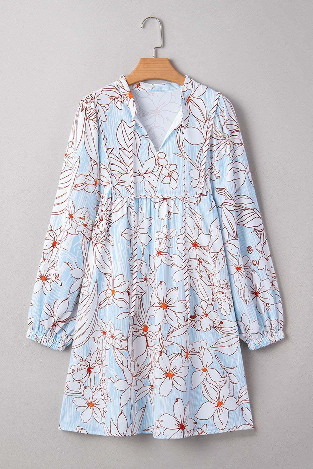 Brown Floral Print Tie Neck Long Sleeve Mini Dress