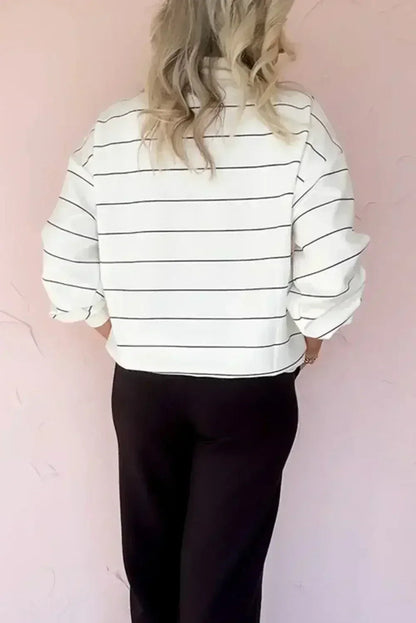 White Striped Zipper V-Neck Drop Sleeve Top