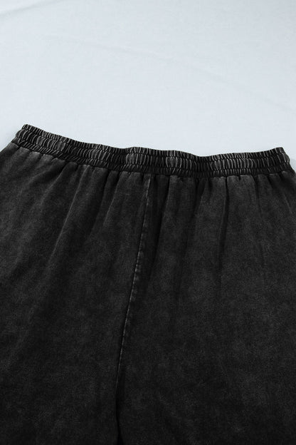 Black Mineral Wash Elastic Waist Drawstring Ruffle Hem Plus Shorts