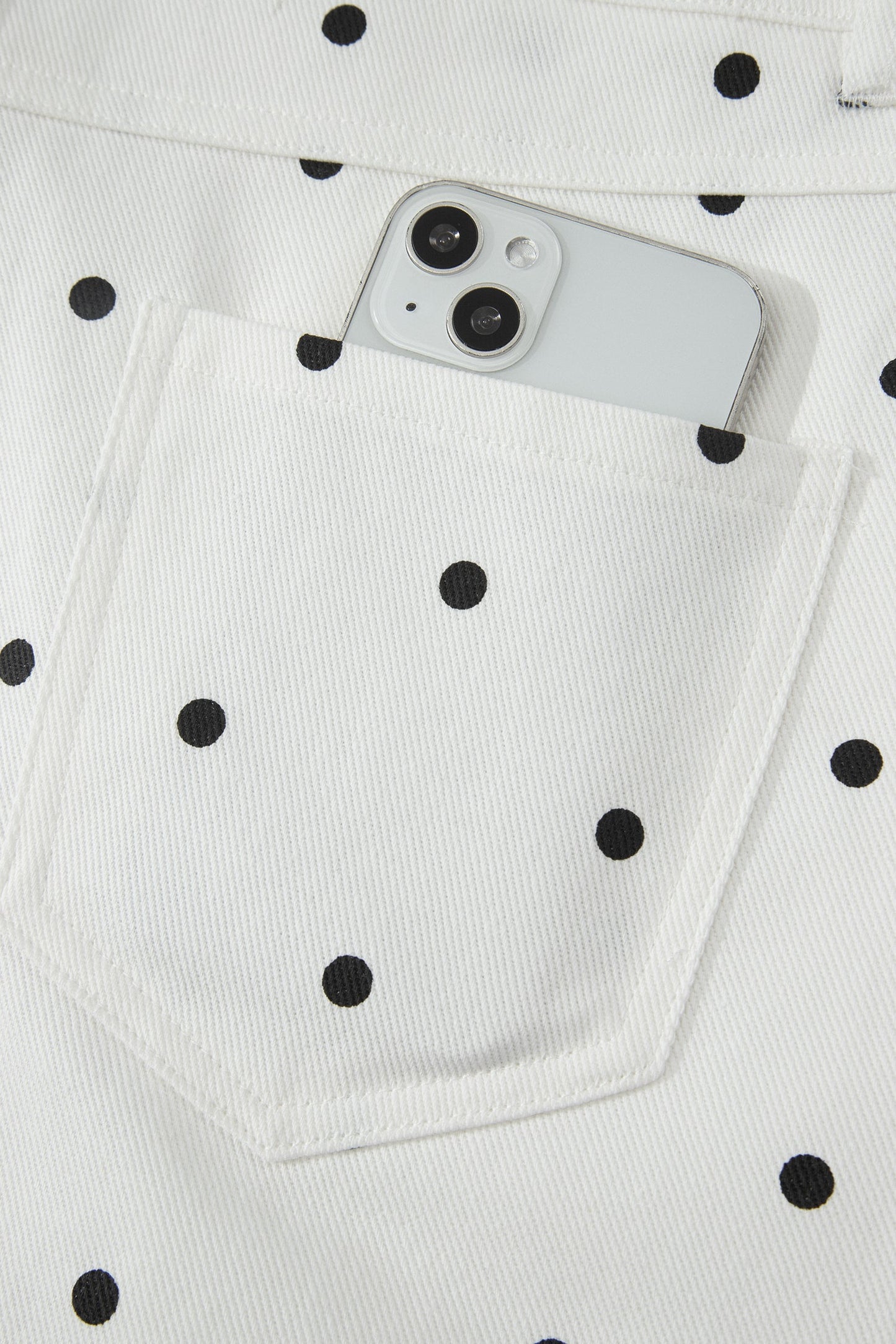 White Polka Dot Print Embroidered Scallop Hem Shorts
