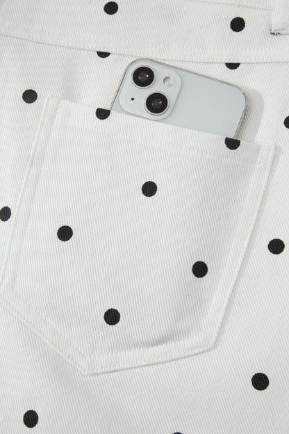 White Polka Dot Print Embroidered Scallop Hem Shorts