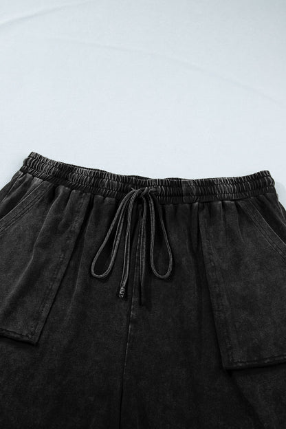 Black Mineral Wash Elastic Waist Drawstring Ruffle Hem Plus Shorts