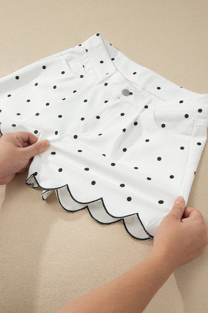 White Polka Dot Print Embroidered Scallop Hem Shorts
