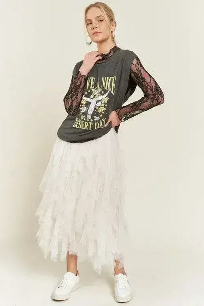 PLUS LAYER POLKA DOT MESH LINED A-LINE MIDI SKIRT