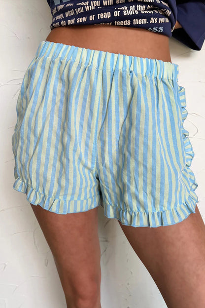 Sky Blue Stripe Elastic Waist Ruffle Trim Casual Shorts