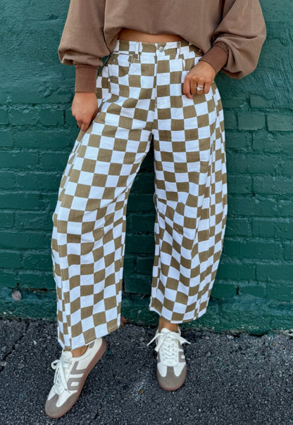 White Checkered Print Denim Barrel Pants