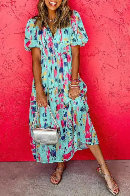 Sky Blue Abstract Print Short Puff Sleeve Tiered Maxi Dress