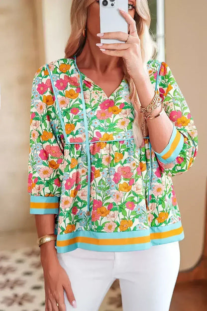 Green Floral Print Striped Trim Puff Sleeve Babydoll Blouse