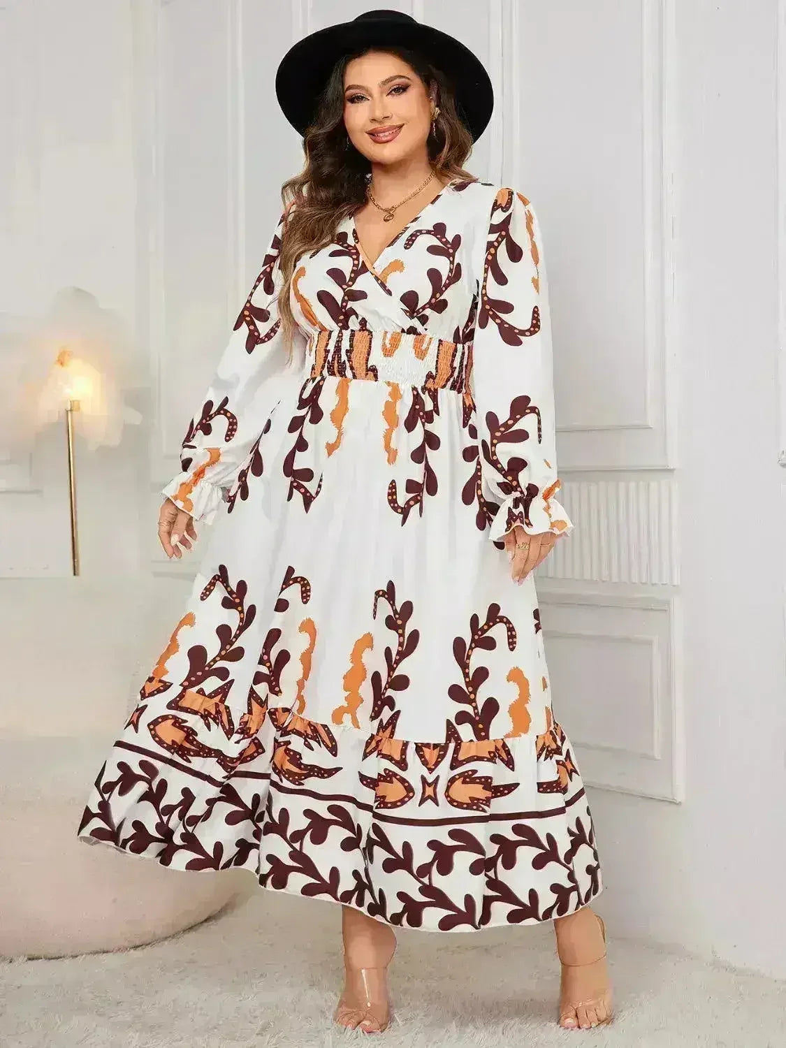Plus Size Surplice Dress - Flounce Sleeve & Ruffled Hem | Femstylo