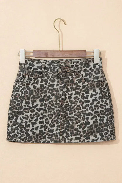Khaki Allover Leopard Print Denim Mini Skirt