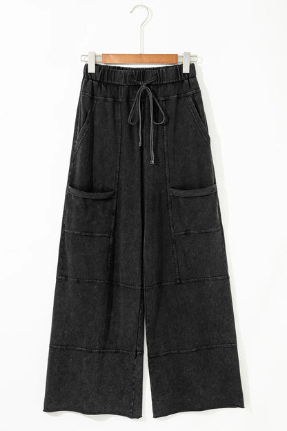 Black Mineral Wash Exposed Seam Wide Leg Cargo Pants