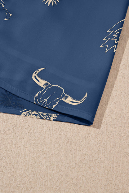 Navy Blue Western Print Satin Long Skirt
