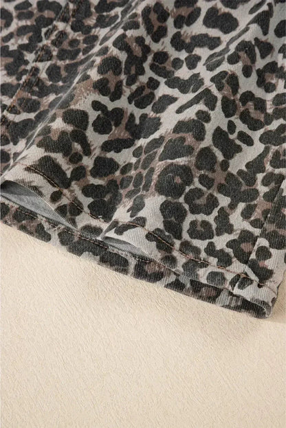Khaki Allover Leopard Print Denim Mini Skirt