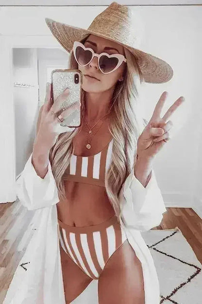 Brown Athletic Striped Tank Sport High Waist Swimwear