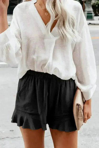 Casual Pocketed Flutter Black Linen Cotton Shorts