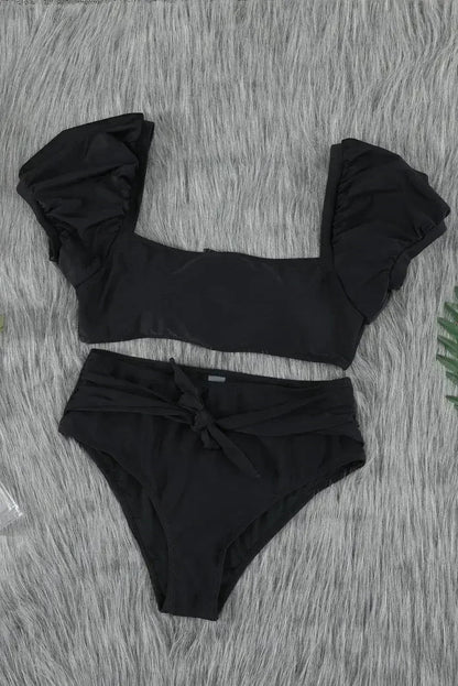 Black Bubble Sleeves Square Neck High Waist Bikini