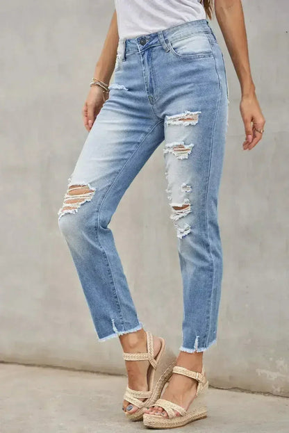 Fashion Light Blue Distressed Boyfriend Denim Pants