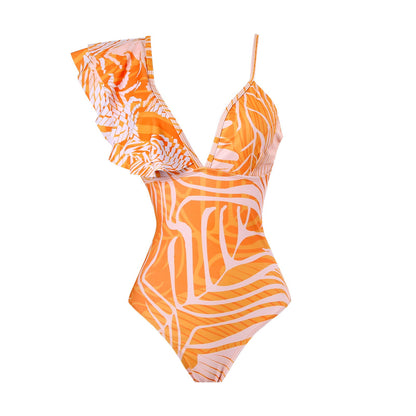 Chiffon One-Shoulder One-Piece Swimsuit