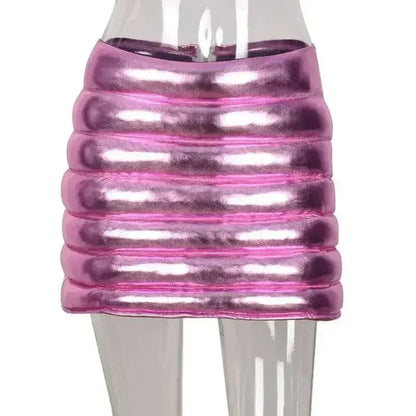 Pink Women's Puffer Skirt Metallic Shiny Warm Quilted Mini A-line
