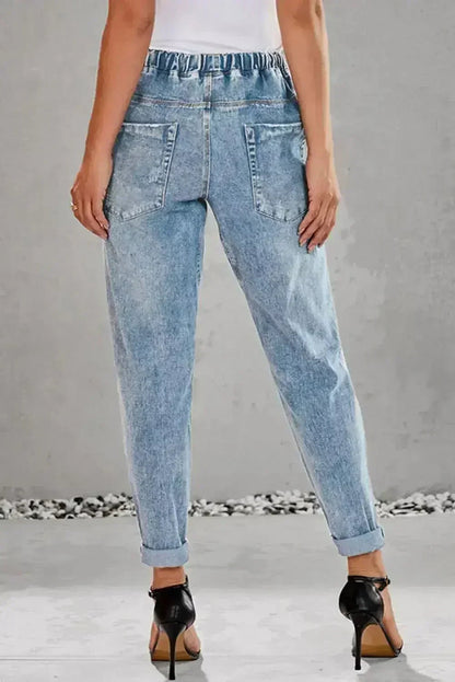 Sky Blue Gather Round Distressed Pocketed Hole Denim Jogger